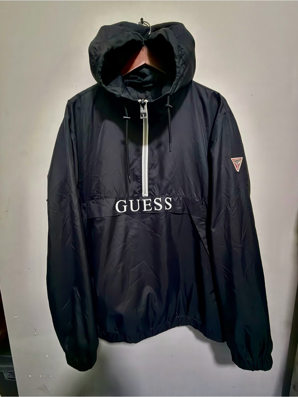 GUESS Logo Half Zip Hooded Windbreaker Jacket Black XL Men’s